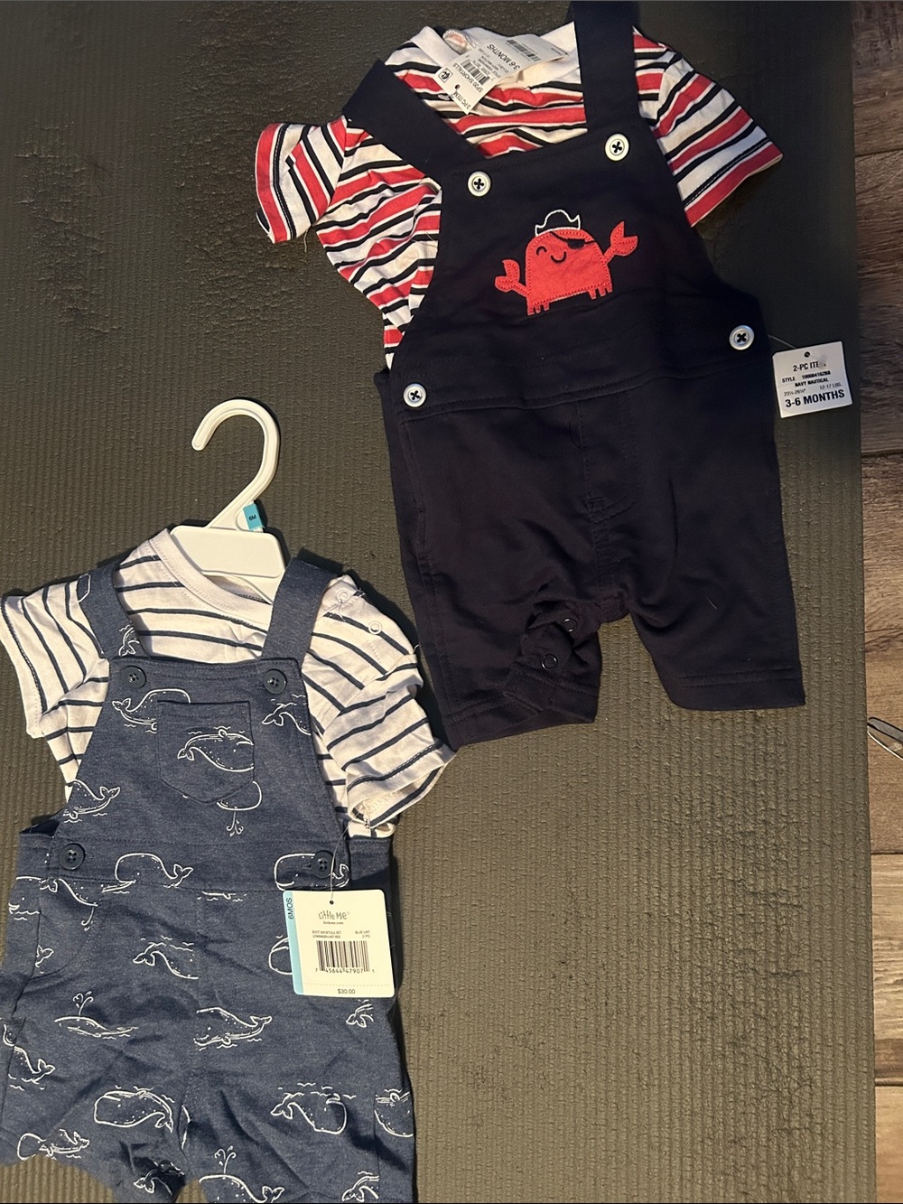 Lot of two Baby Boys Navy Crab Overalls with Red-Striped Tee - 3-6 Months